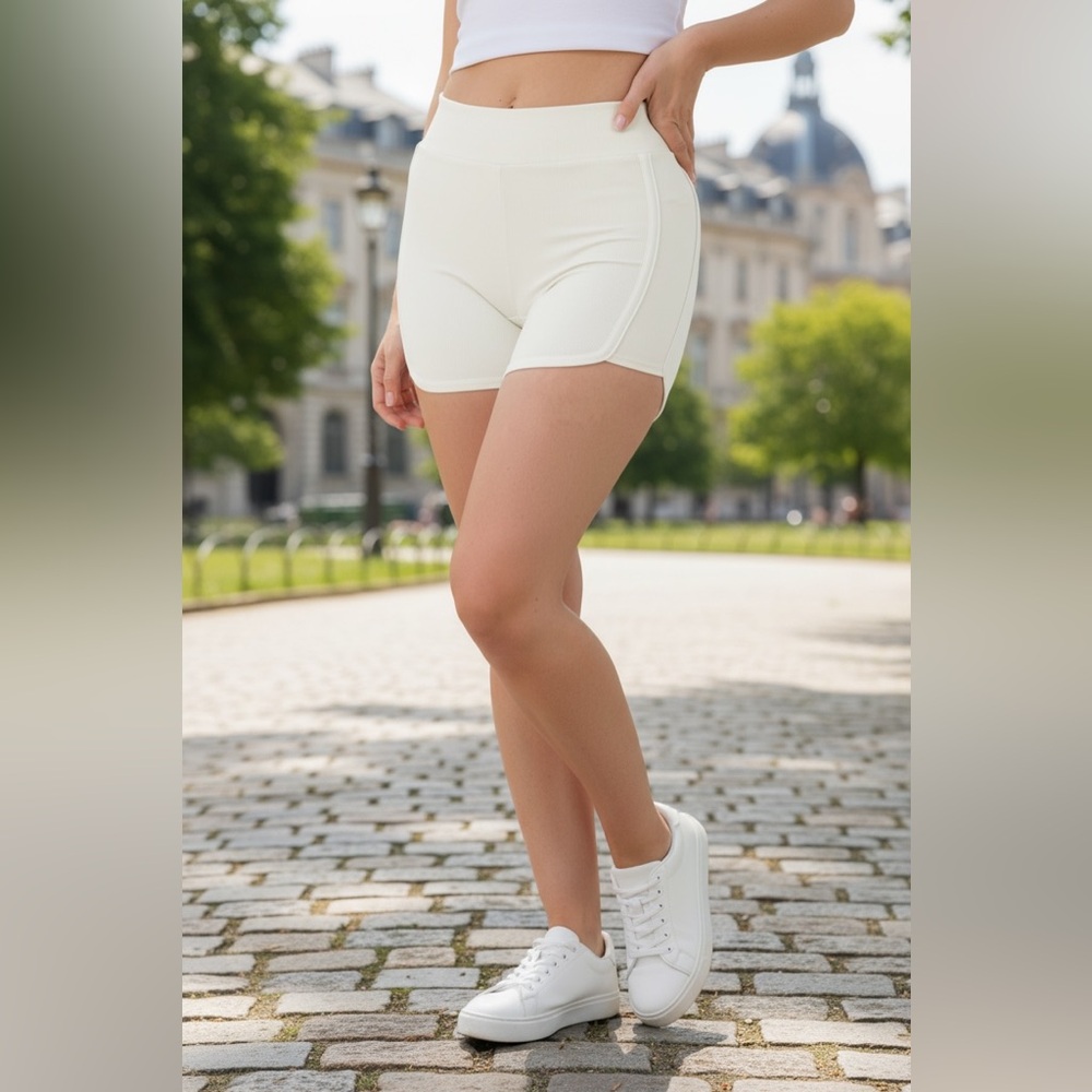 NEW•L-XL•Zen Lily Cream Yoga Shorts With Athletic Style White Side Stripes